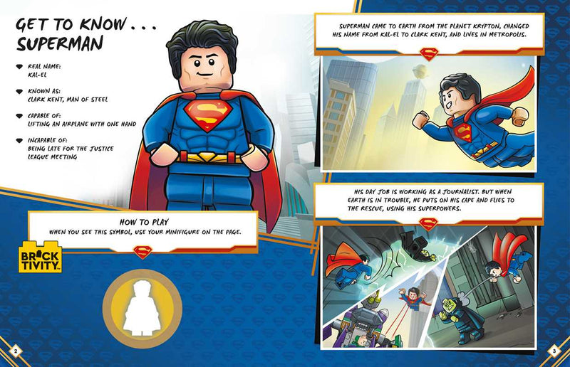 LEGO Superman character with comic book panels and branding on a blue background