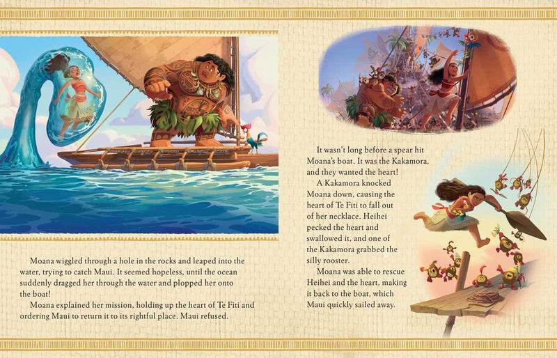 Illustrated book page from 'Moana' featuring characters and scenes from the movie.