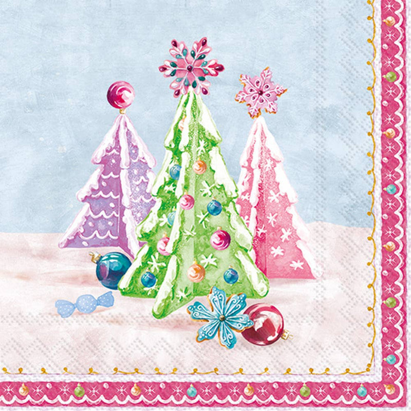 Decorative napkin with Christmas tree design on a light blue background