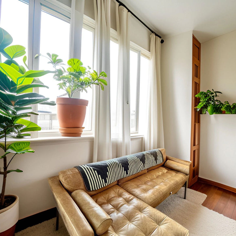 Bright, sunlit interior with alpaca throws draped over two chairs near a large window and potted plant.