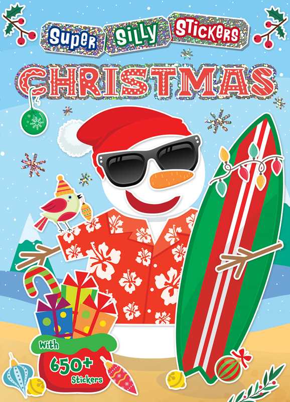 Cover of a Christmas sticker book with a snowman wearing sunglasses and a Santa hat, holding a surfboard and presents.