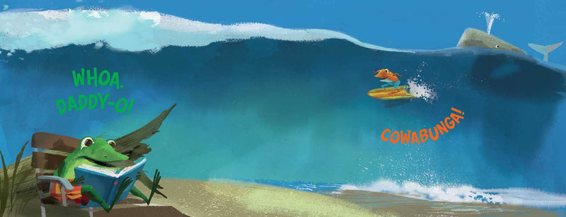 Cartoon scene with a frog on a bench, a surfboarder, and a large wave with text.