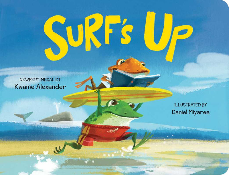 Book cover of 'Surf's Up' with two frogs on a surfboard against a beach background.