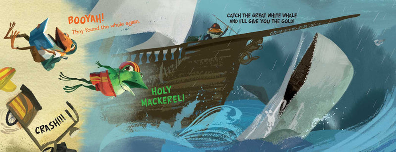 Cartoon illustration of a shipwreck with characters and text on a blue background