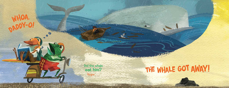 Cartoon scene with a whale, boat, and characters near a beach.