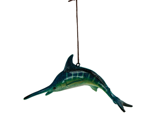 Blue-green resin swordfish ornament with detailed fins and hanging cord for coastal or holiday décor.