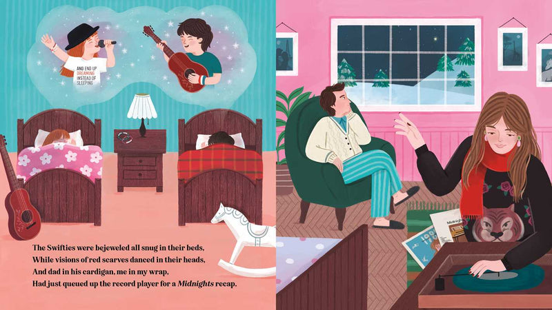 Illustrated book page showing a family scene with a child playing guitar and a woman using a laptop.