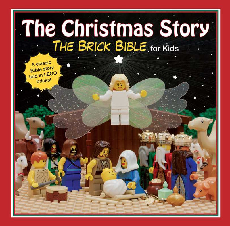 Cover of 'The Christmas Story: The Brick Bible for Kids' with LEGO figures and an angel.