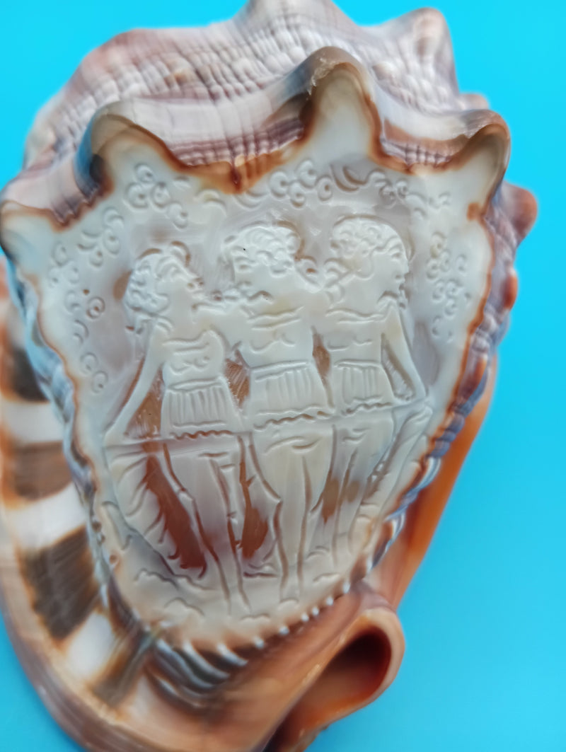 Close-up of Three Graces carving on cameo shell 4.7" – premium decor