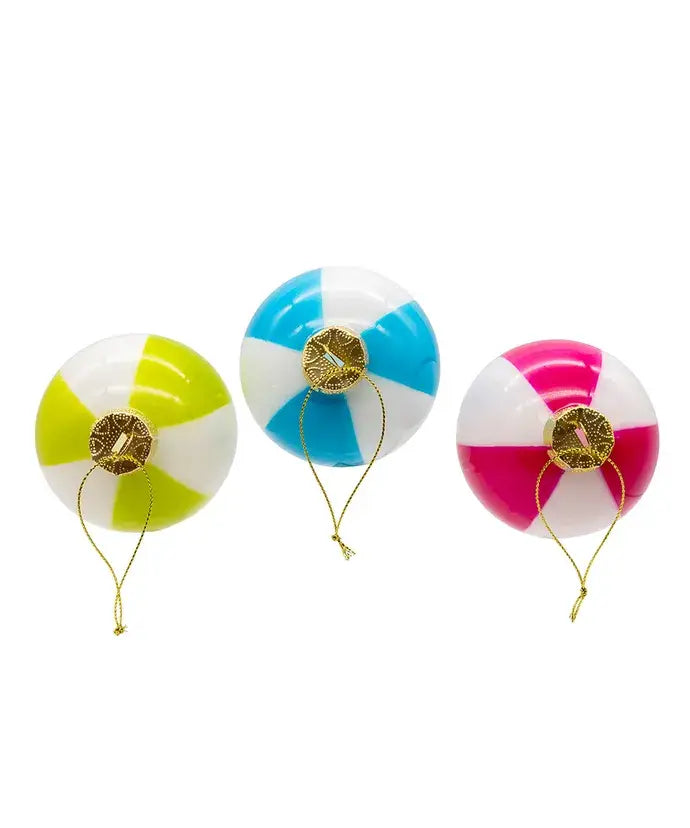 Three colorful beach ball ornaments with gold chains on a white background