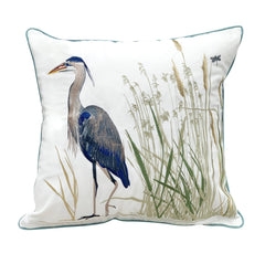 Polypropylene throw pillow embroidered with great blue heron and reeds - coastal home textile