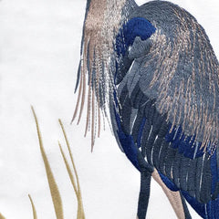 Close-up of embroidered great blue heron detail - coastal pillow cover