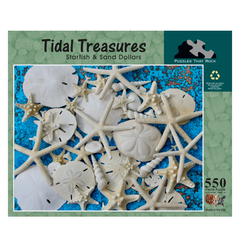 Tidal Treasure jigsaw puzzle box featuring starfish and sand dollars on a vibrant blue background with gold accents, 550 pieces.