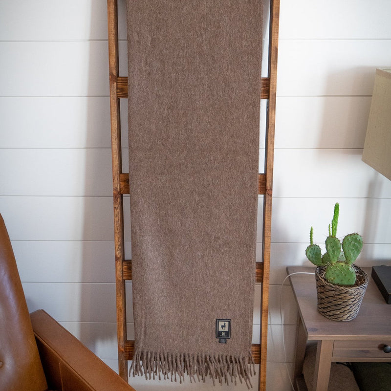 Brown Tumi Alpaca Wool Throw Blanket draped neatly over a wooden ladder, styled beside a tan chair and a side table with a small cactus plant.