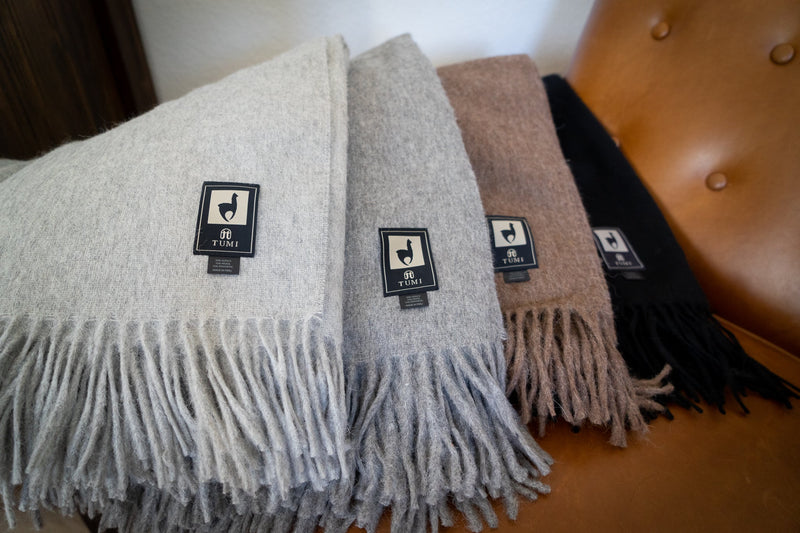 Folded Tumi Alpaca Wool Throw Blankets in shades of light gray, taupe, brown, and black arranged on a tan leather chair, each featuring a fringe edge and woven label.