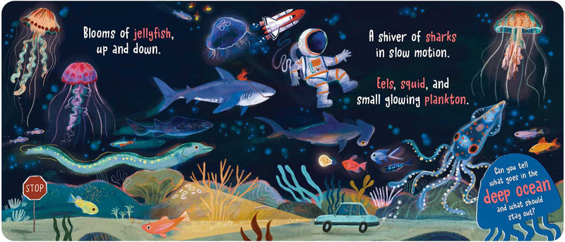 Children's book page with underwater scene, space-themed illustrations, and text.