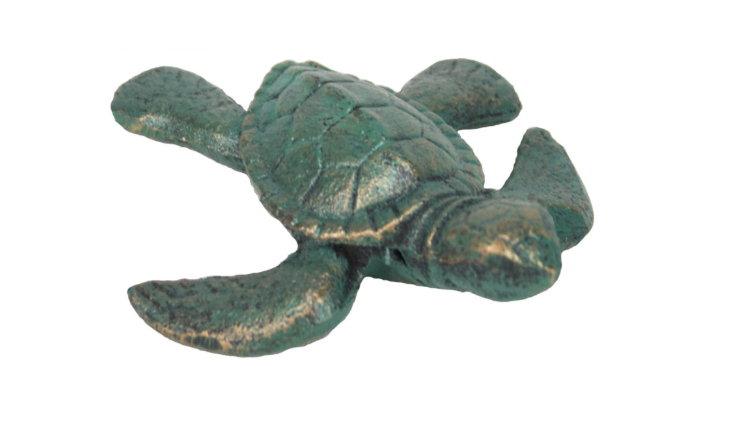 Verdigris metal sea turtle figurine with textured shell and aged green patina finish.