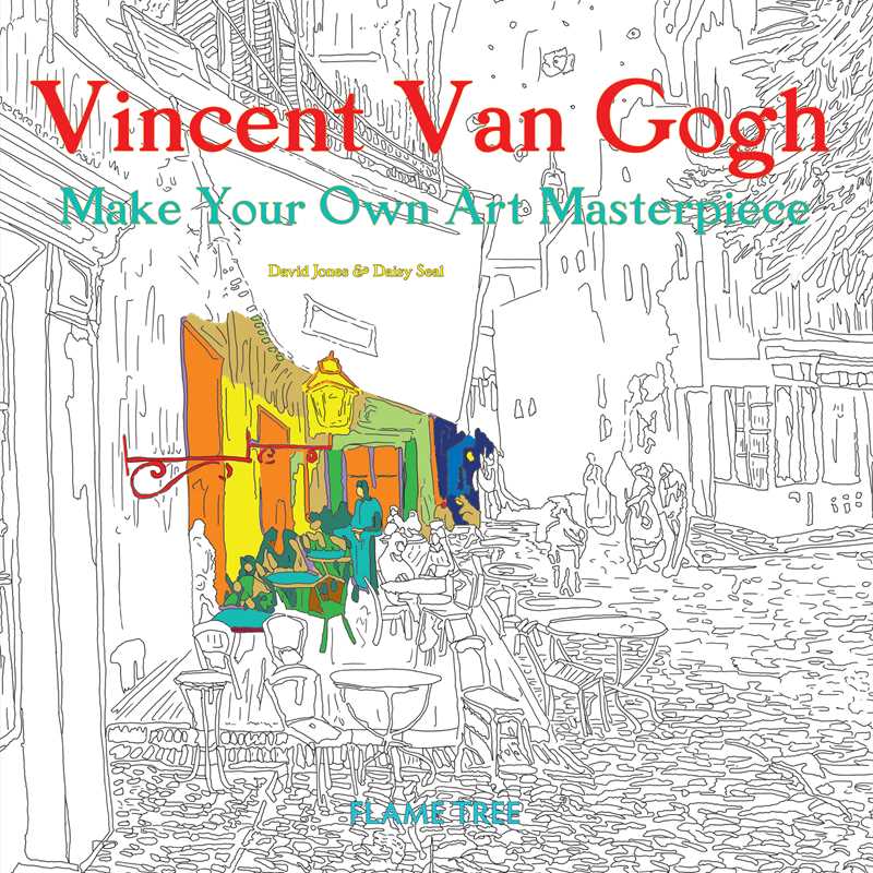 Coloring book cover with Vincent Van Gogh's artwork and 'Make Your Own Art Masterpiece' text.