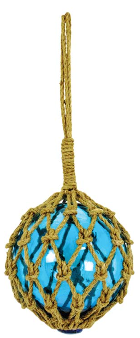 Weathered blue glass buoy float wrapped in natural jute rope with visible bubbles and aged coastal finish.