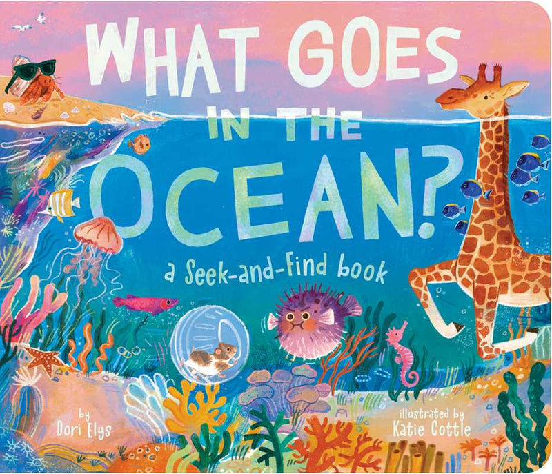 Book cover of 'What Goes in the Ocean?' with underwater scene and giraffe illustration.
