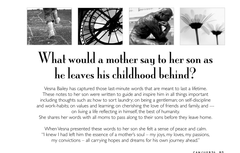 Text with a question about a mother's last-minute words to her son, featuring images of a clock, a statue, and a flower.