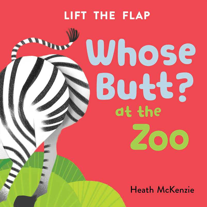 Book cover of 'Whose Butt? at the Zoo' with a zebra illustration and red background.