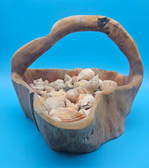 Wooden handled basket holding seashell collection – beach house decor
