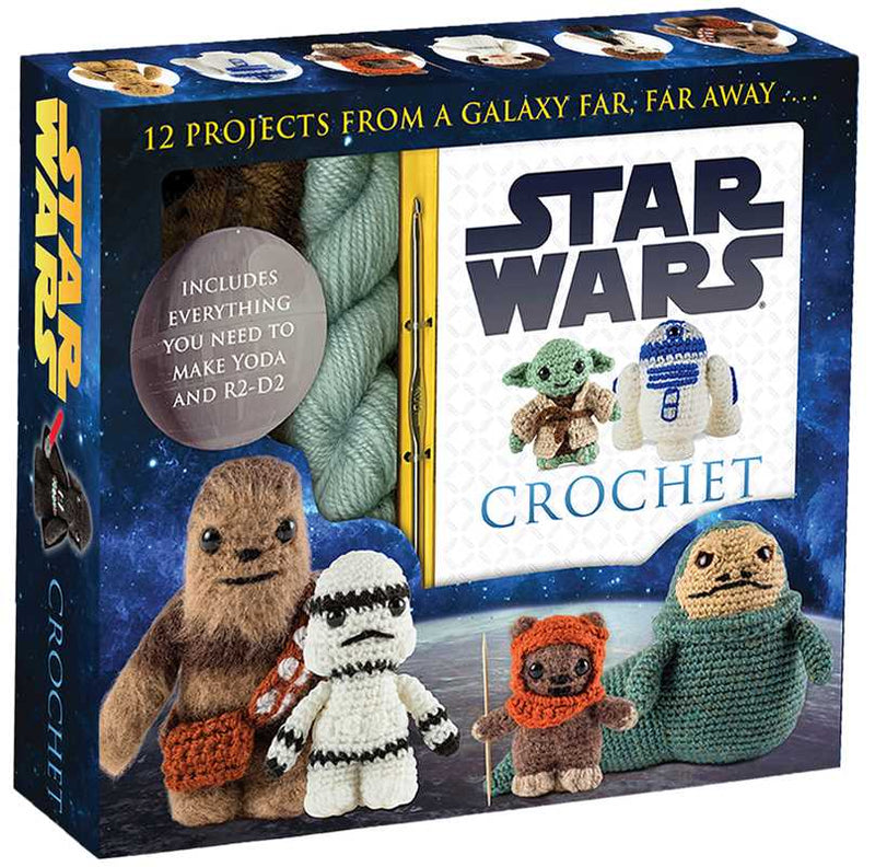 Star Wars crochet kit packaging with yarn and crochet dolls on a blue space-themed background