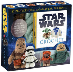 Star Wars crochet kit packaging with yarn and crochet dolls on a blue space-themed background