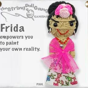 Handmade Frida String Doll Keychain featuring a flower crown design inspired by Frida Kahlo, with fabric tag and lobster clasp.