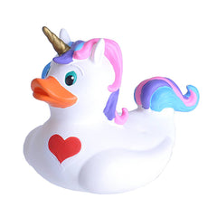 4-inch Rubber Duck Unicorn bath toy featuring a golden horn and colorful mane.