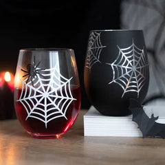 Set of 2 Gothic Spider and Web Stemless Wine Glasses