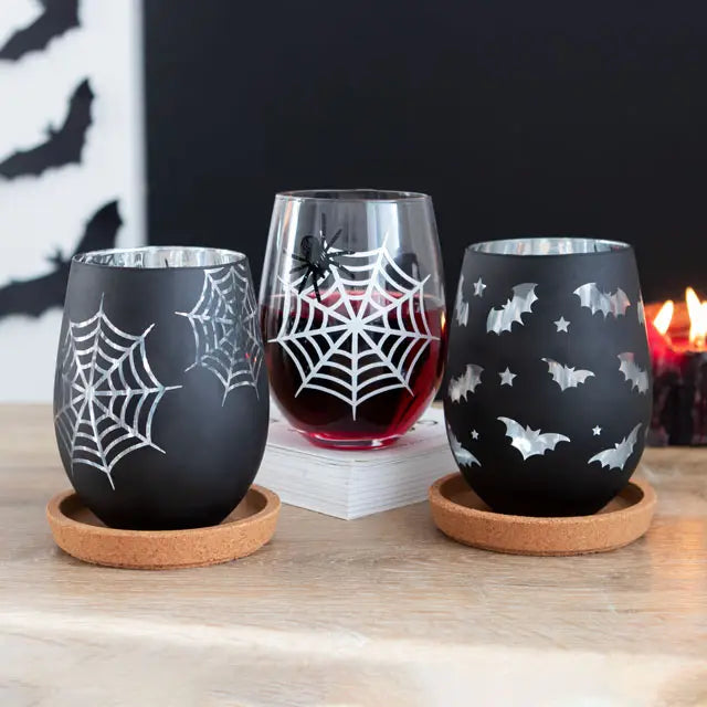 Set of 2 Gothic Spider and Web Stemless Wine Glasses