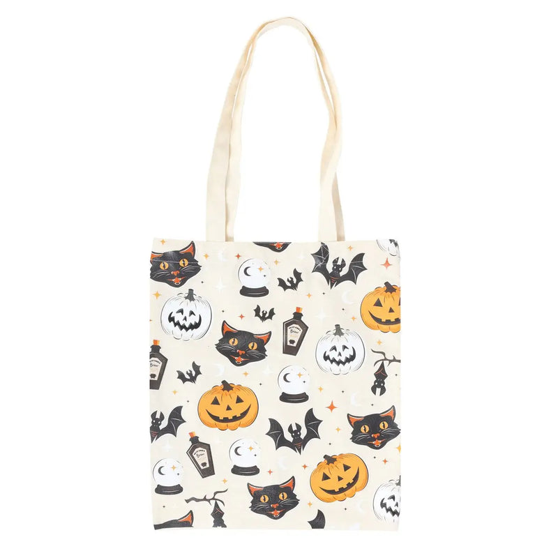 Spooky Cat and Pumpkin Print Halloween Polycotton Tote Bag