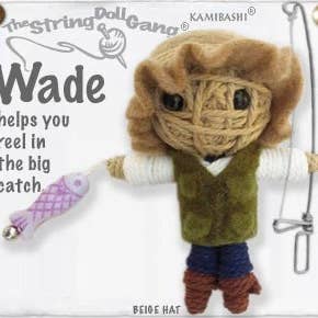 Handmade Wade the Fisherman String Doll Keychain featuring a fishing-inspired design with fabric tag and lobster clasp.