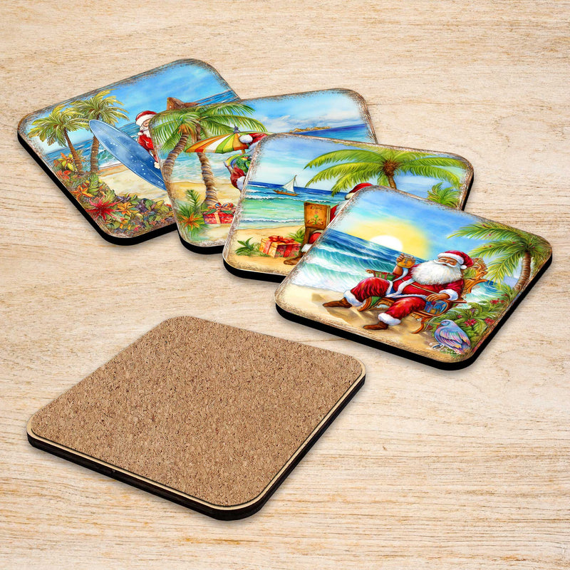 Santa on the Beach Wooden Cork Coasters Gift Set of 4 by G. Debrekht - Christmas Home Decor