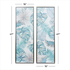 Blue Canvas Leaf Tropical Framed Wall Art with Silver Frame, Set of 2 - Wall ArtUmainc