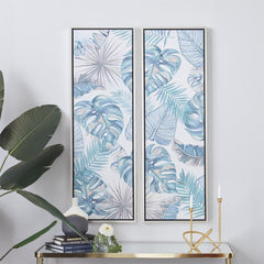 Blue Canvas Leaf Tropical Framed Wall Art with Silver Frame, Set of 2 - Wall ArtUmainc