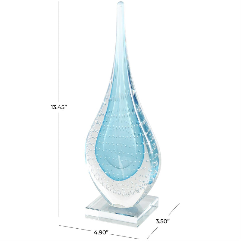 Blue Glass Abstract Teardrop Decorative Sculpture with Clear Bubble Droplets - Umainc