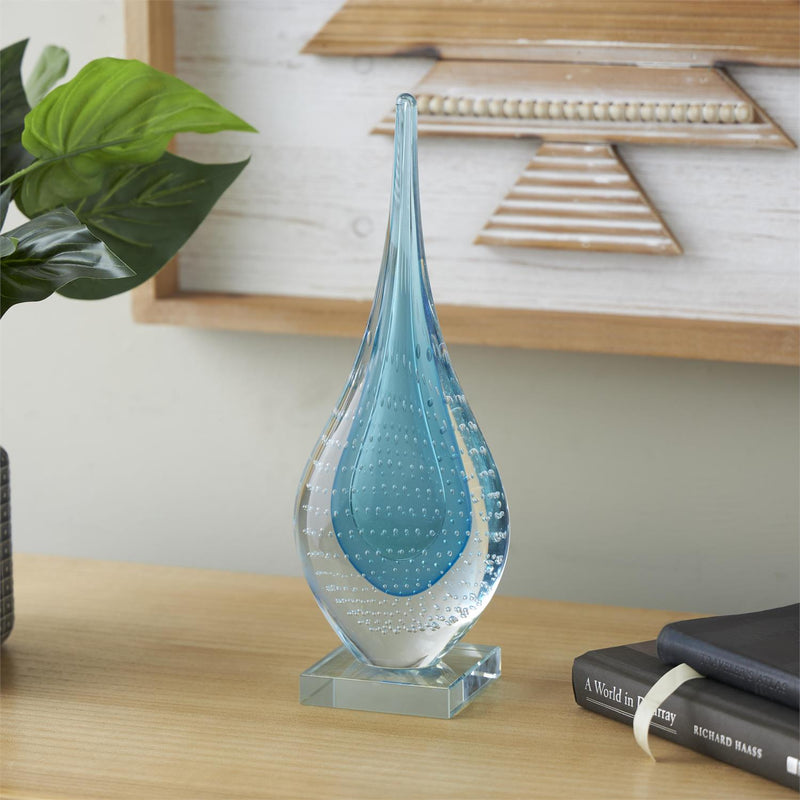 Blue Glass Abstract Teardrop Decorative Sculpture with Clear Bubble Droplets - Umainc