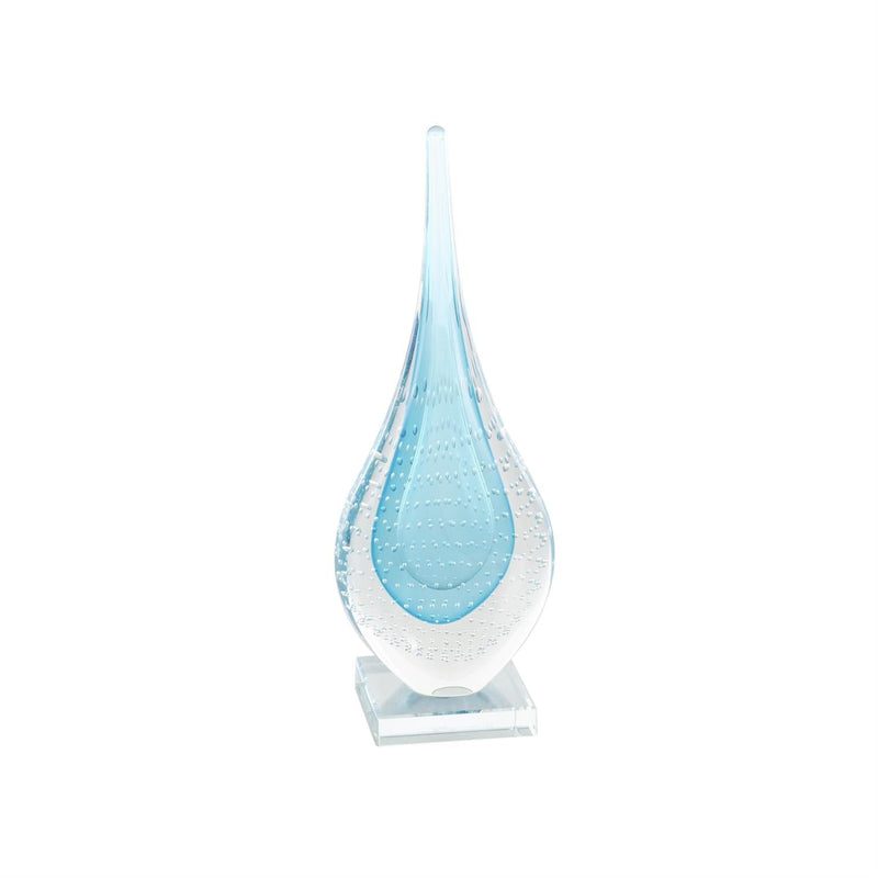 Blue Glass Abstract Teardrop Decorative Sculpture with Clear Bubble Droplets - Umainc