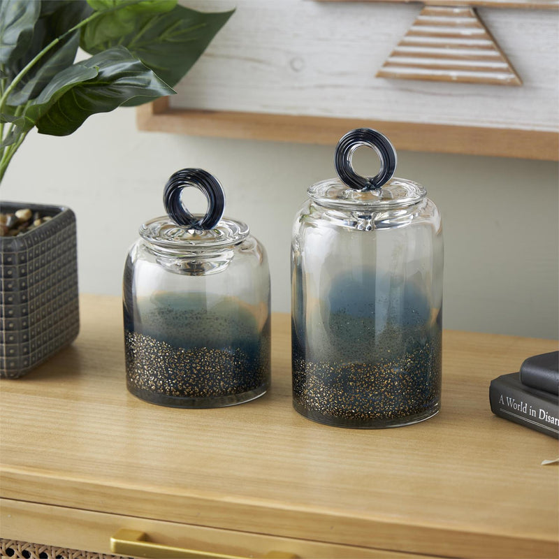 Blue Glass Decorative Jars with Gold Flake Details and Ring Lids - Decorative JarUmainc