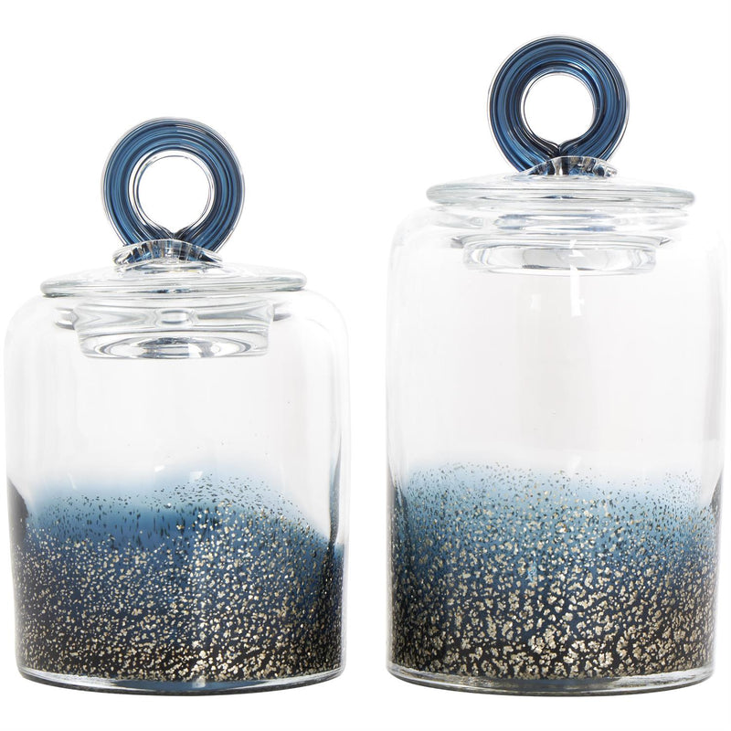 Blue Glass Decorative Jars with Gold Flake Details and Ring Lids - Decorative JarUmainc