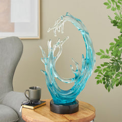 Blue Glass Ombre Wave Decorative Sculpture with Black Round Base - Glass ArtUmainc