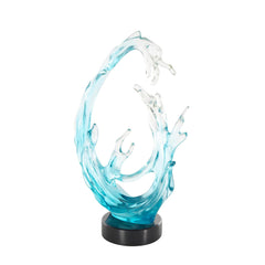 Blue Glass Ombre Wave Decorative Sculpture with Black Round Base - Glass ArtUmainc