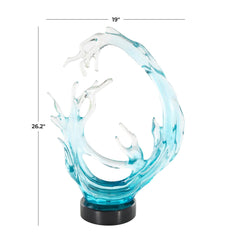 Blue Glass Ombre Wave Decorative Sculpture with Black Round Base - Glass ArtUmainc