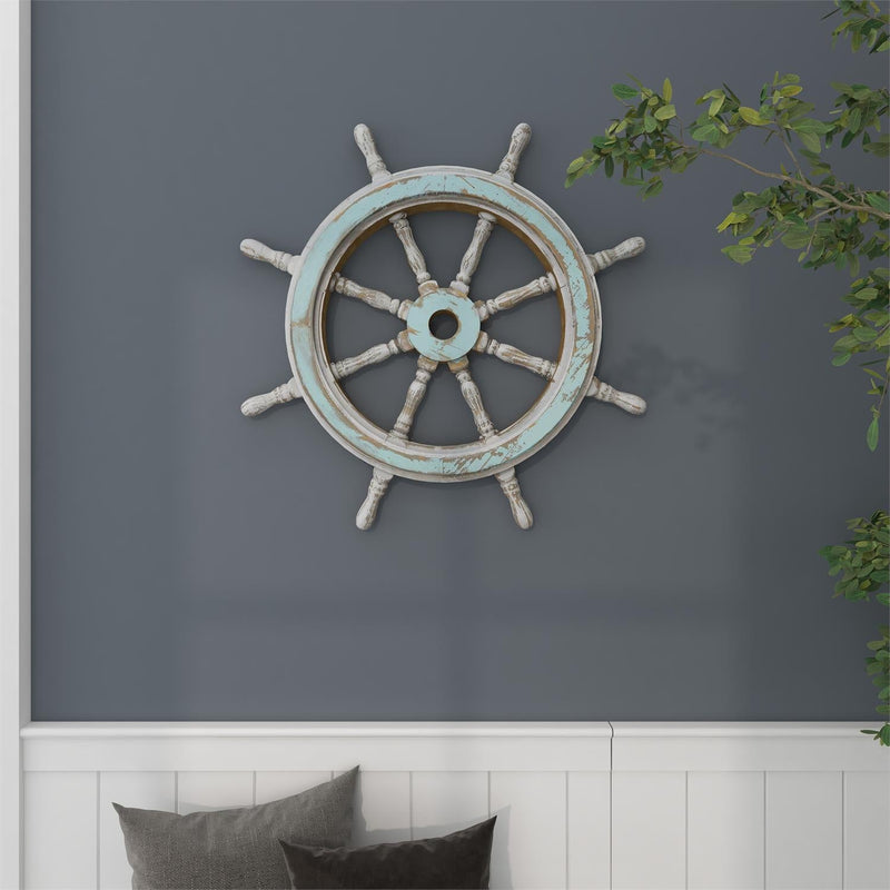 Blue Wood Distressed Ship Wheel Wall Decor - Wall DecorUmainc