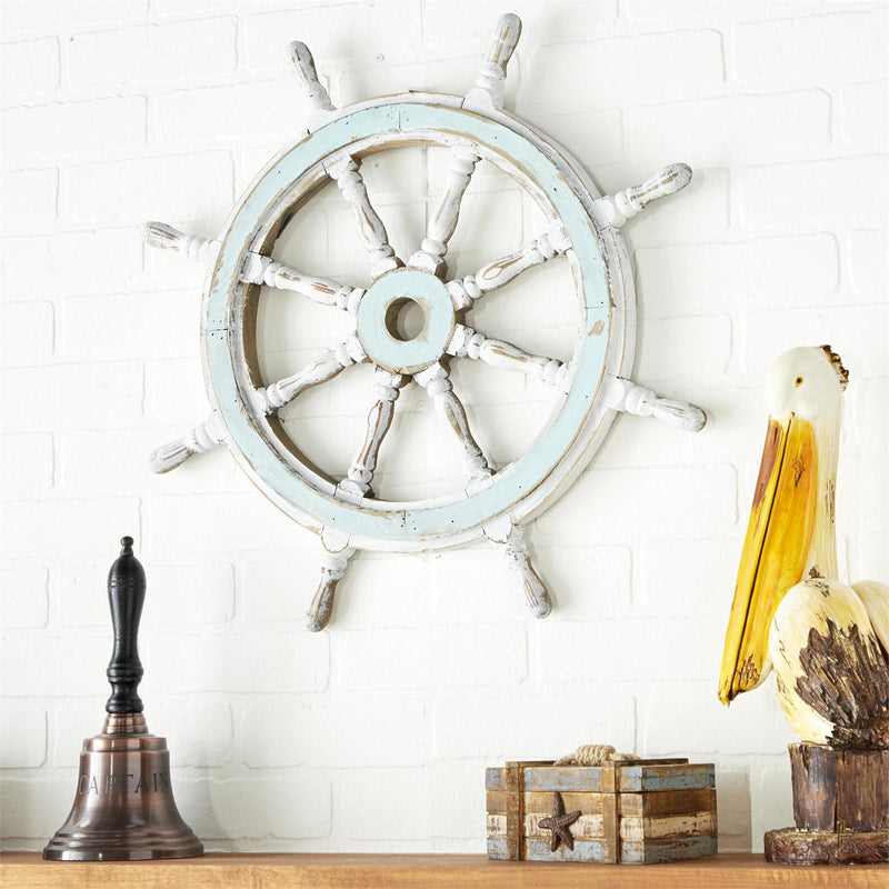 Blue Wood Distressed Ship Wheel Wall Decor - Wall DecorUmainc