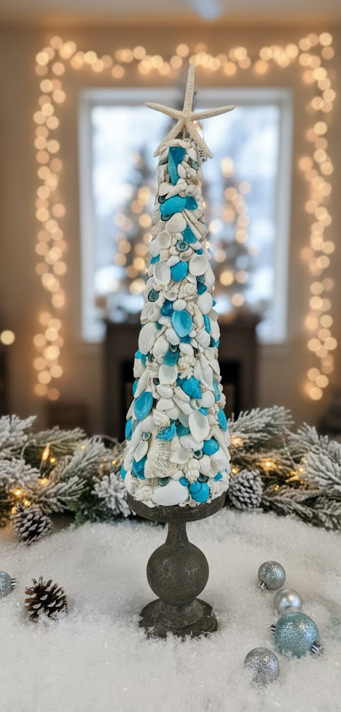 Vibrant Turquoise & White Seashell Tree - 31.75" Tall