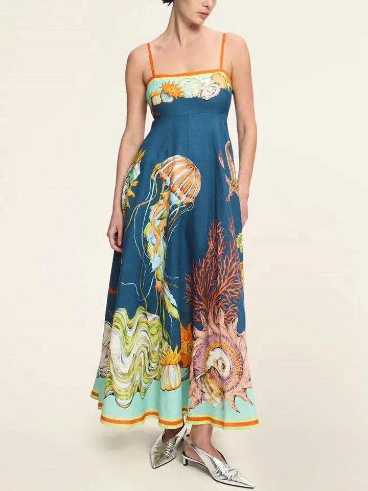 Boho Linen Maxi Dress – Ocean-Inspired Summer Style with Sea Life Prin